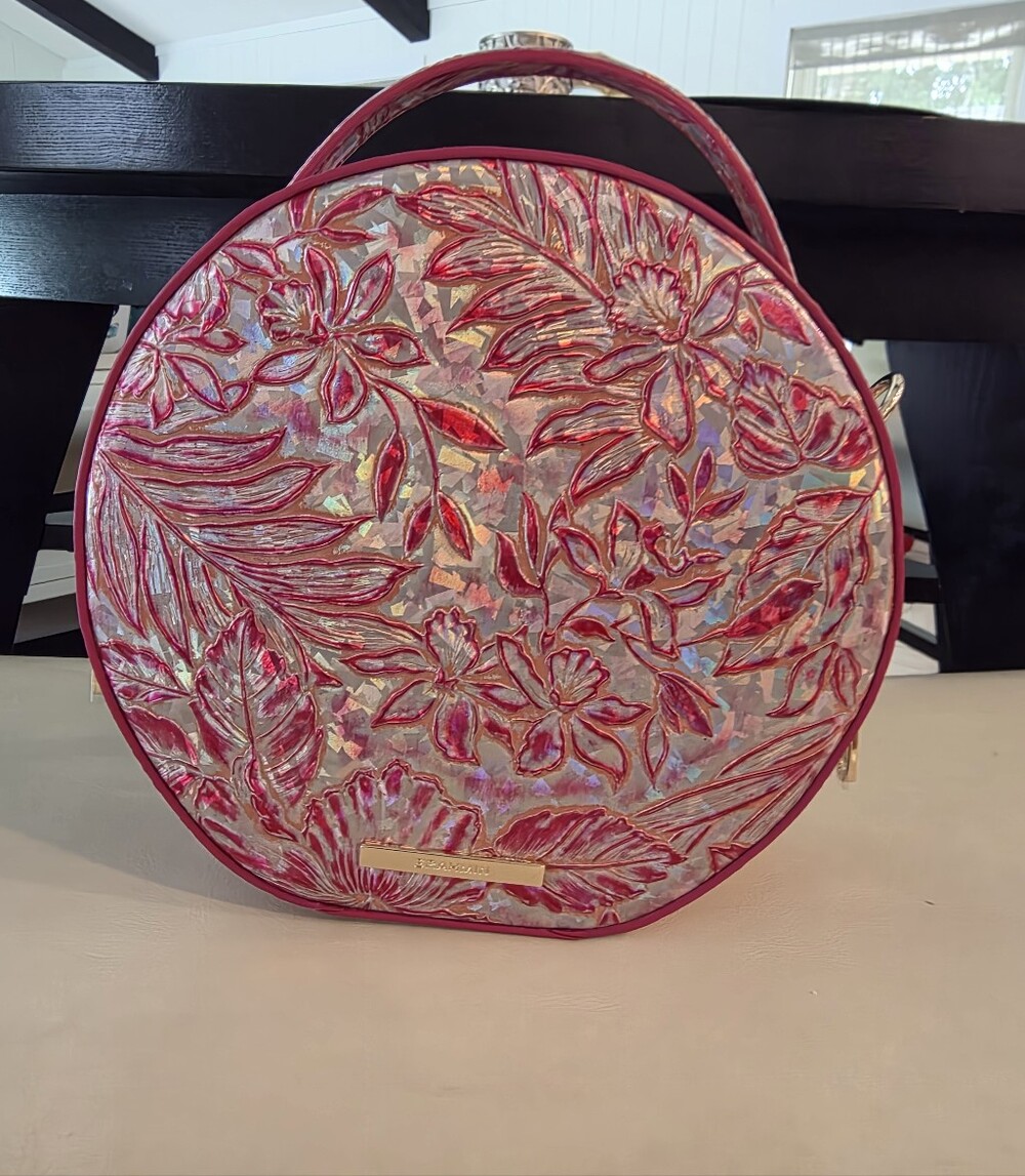NWT Brahmin Pink Iridescent Round Crossbody Lane Lokelani coral snapdragon
